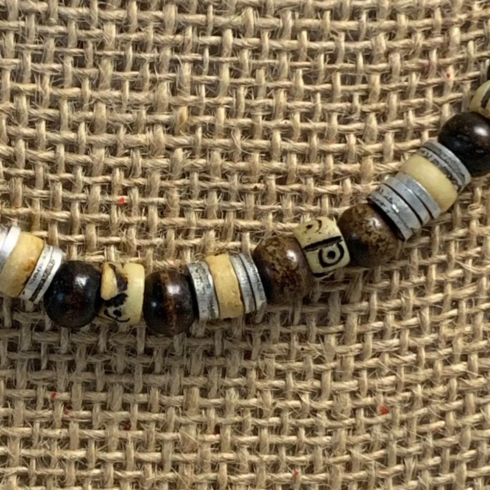 Mens Wood Bone Silver Tone Beaded Choker Necklace 16 Inch Earthy Surf Style
